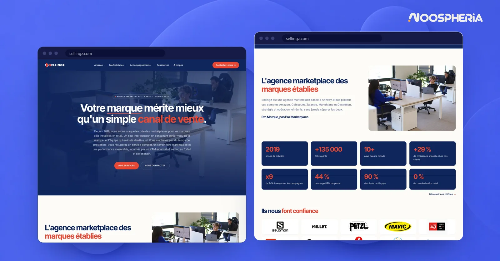 Nouvelle page d'accueil de sellingz.com avec le menu Amazon, Marketplaces et Accompagnements