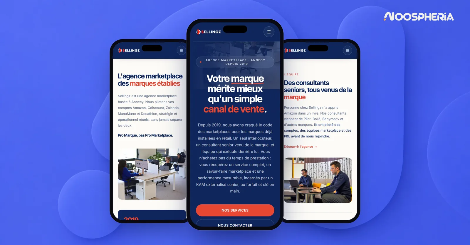 Nouveau site WordPress de Sellingz sur mobile : accueil, présentation de l'agence et équipe